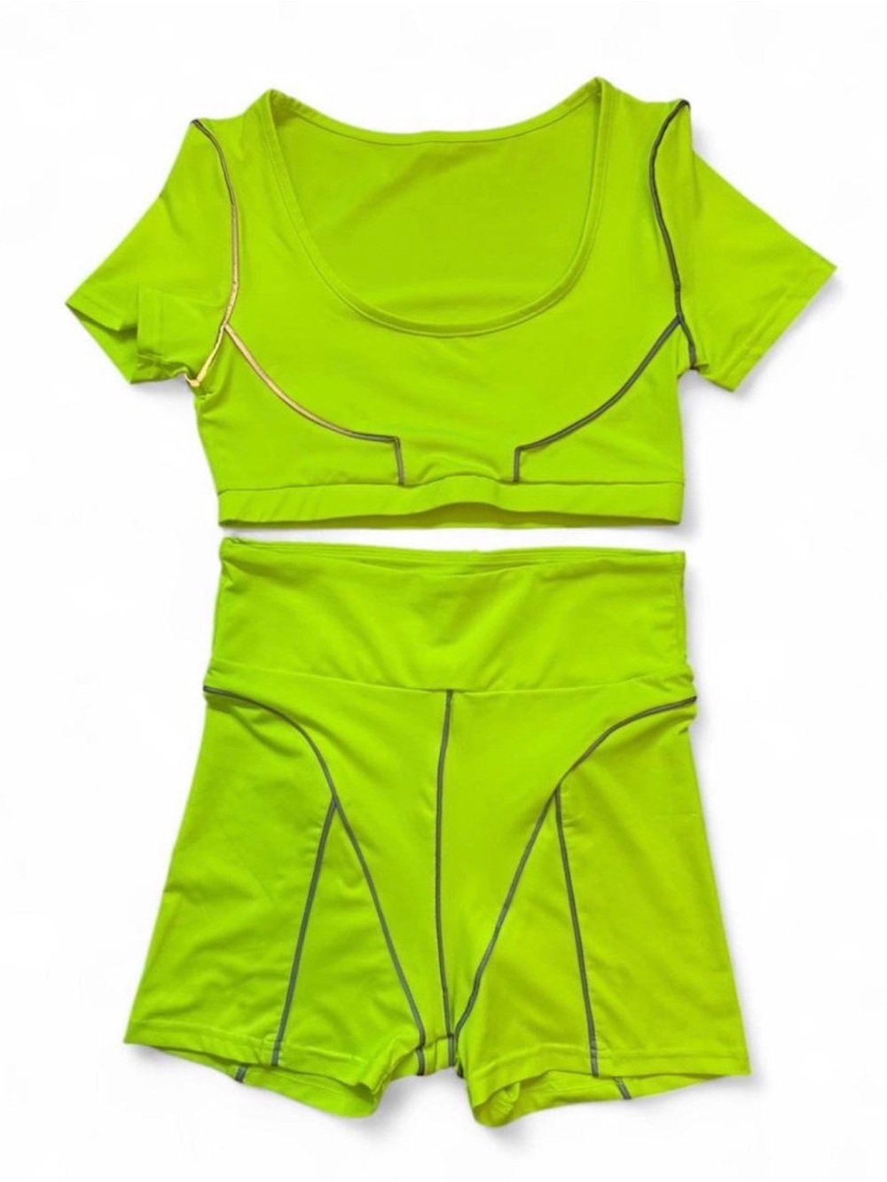 Neon Green Two Piece Workout Active Wear  Set With Gray Reflective Detail
